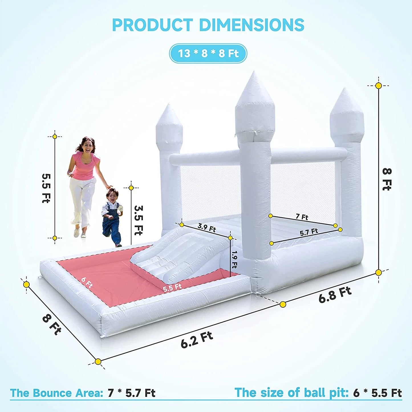 White Inflatable Bounce House Bounce Castle With Slide For Kid Birthday 13x8x8ft