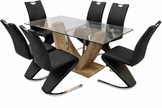 DC Selene 7pce Glass Dinning Set Black Engineered Wood Dining Table