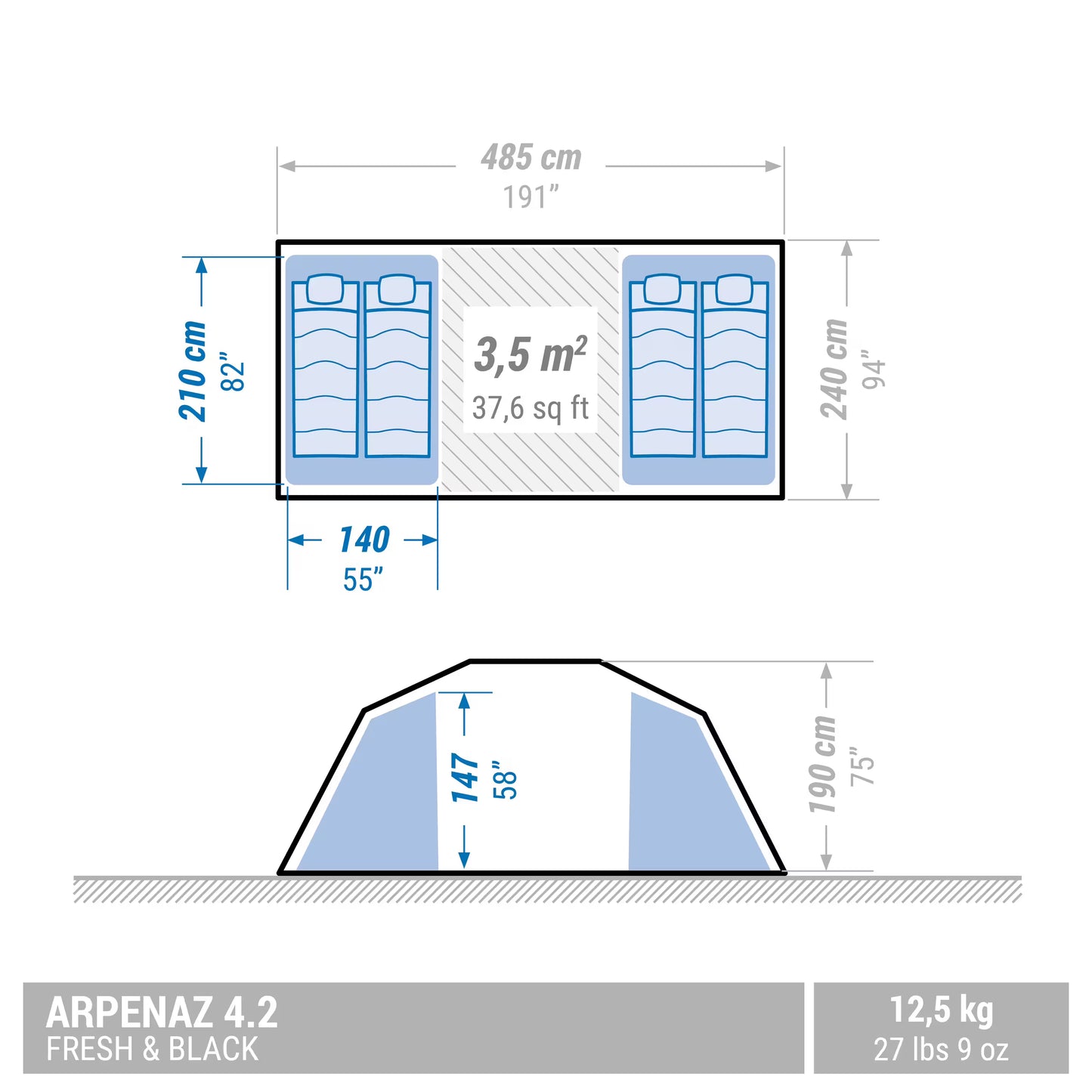 4-person, 2-bedroom camping tent, Arpenaz 4.2, Fresh & Black
