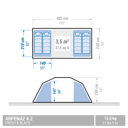 4-person, 2-bedroom camping tent, Arpenaz 4.2, Fresh & Black