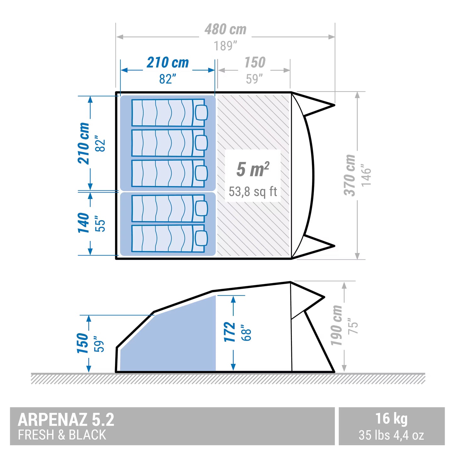 5-person, 2-bedroom camping tent, Arpenaz 5.2, Fresh & Black