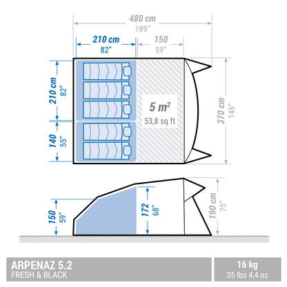 5-person, 2-bedroom camping tent, Arpenaz 5.2, Fresh & Black