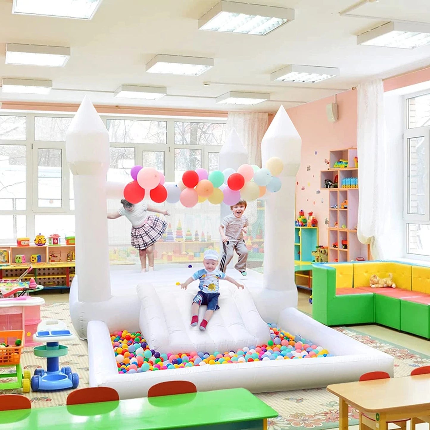 White Inflatable Bounce House Bounce Castle With Slide For Kid Birthday 13x8x8ft
